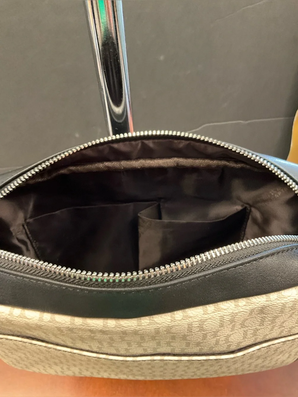 Beige & Black Canvas Messenger Bag with Front Zip Pocket